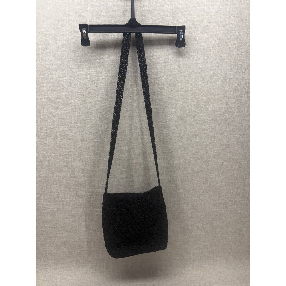 Carlo D'Santi Black Woven Crochet Crossbody Bag Zippered‎ Shoulder Purse Small